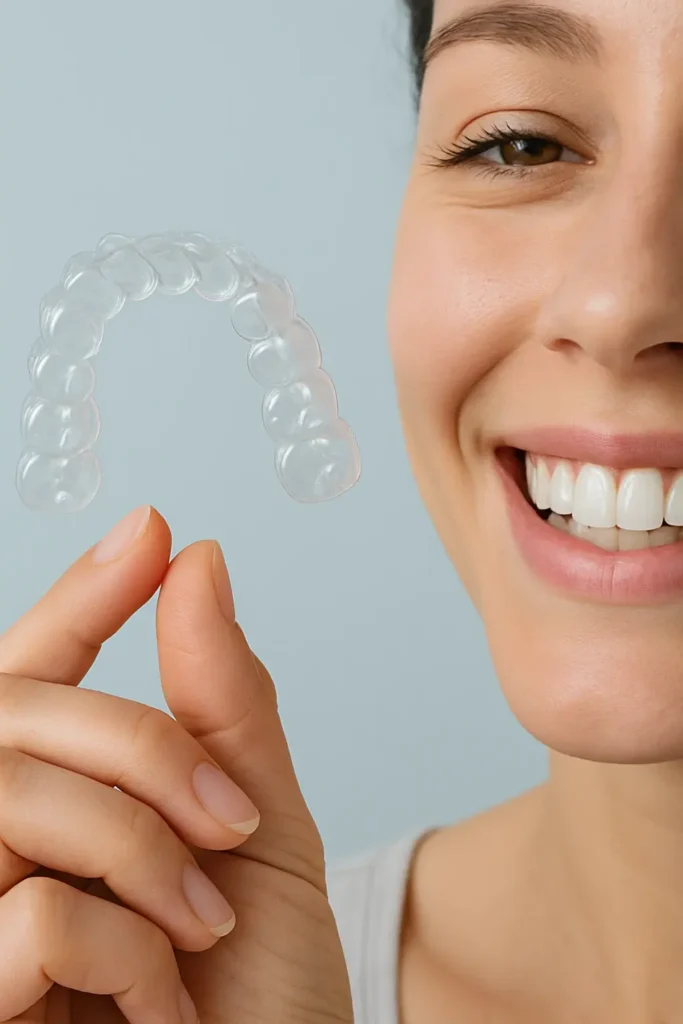 A young woman smiling while holding Invisalign