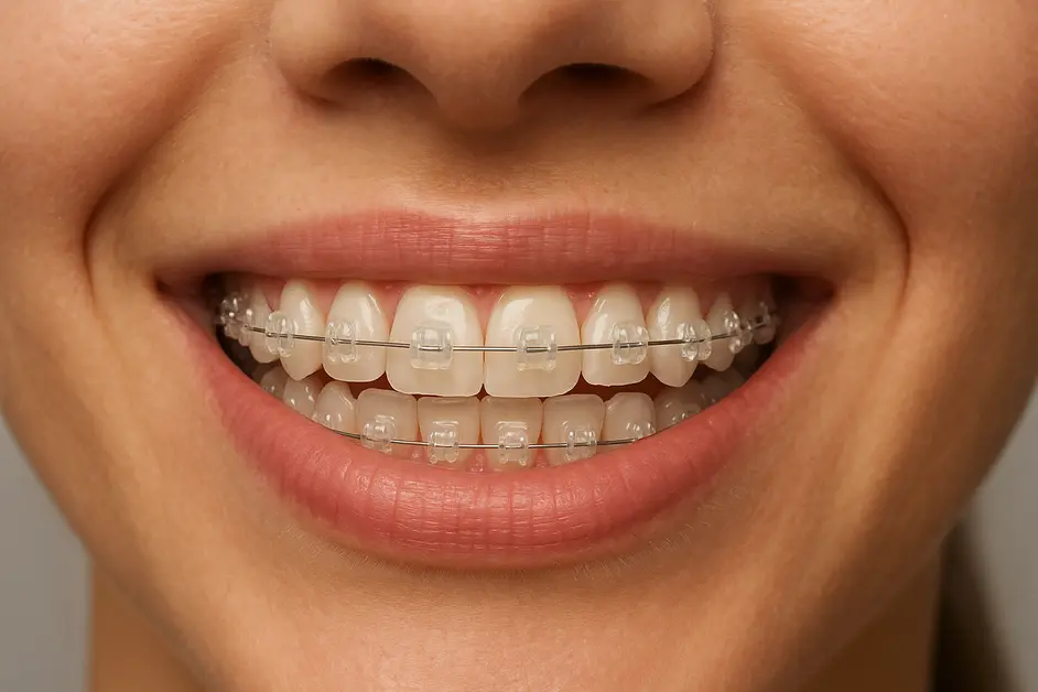 Teeth Braces "Close-up of a smiling mouth with transparent Teeth Braces, showing how clear braces align the teeth while maintaining a natural and aesthetic look
