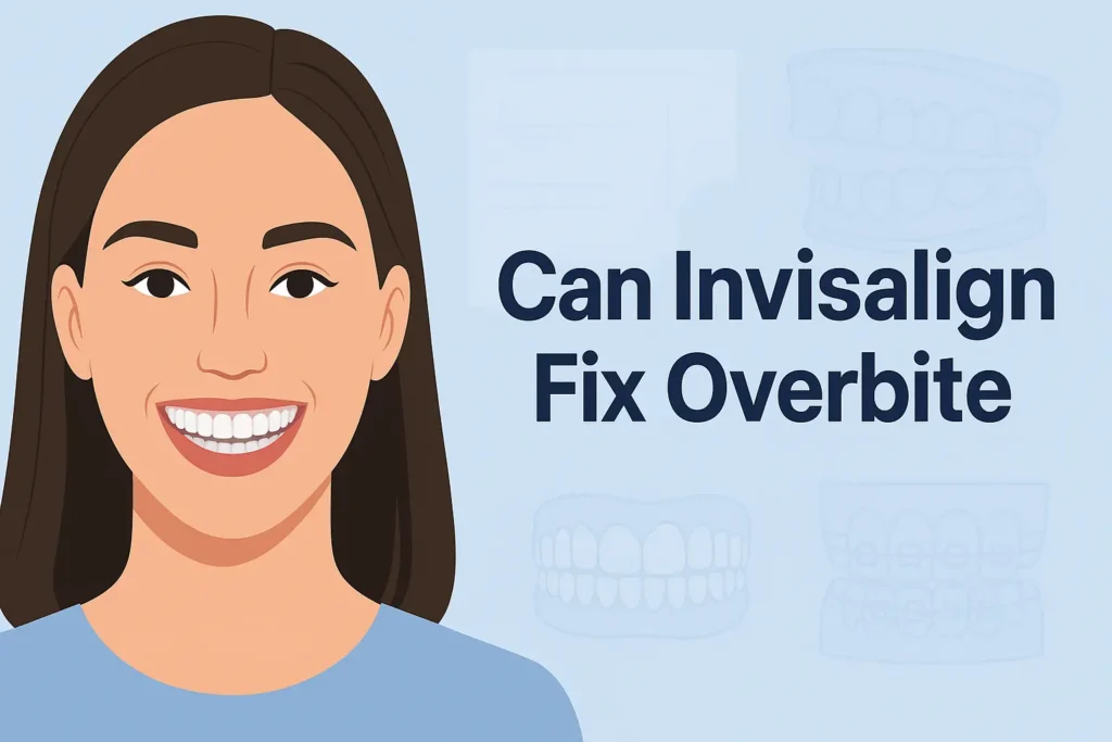 “Adult smiling with Invisalign aligners correcting an overbite, showing dental alignment improvement and comparison with traditional braces.”