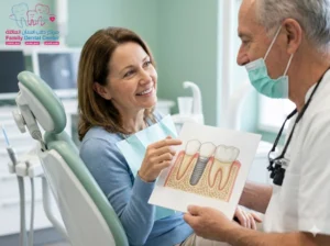 A satisfied female patient smiles broadly and gestures toward her healthy, implant-restored upper jaw within a modern, natural-lit dental clinic setting.